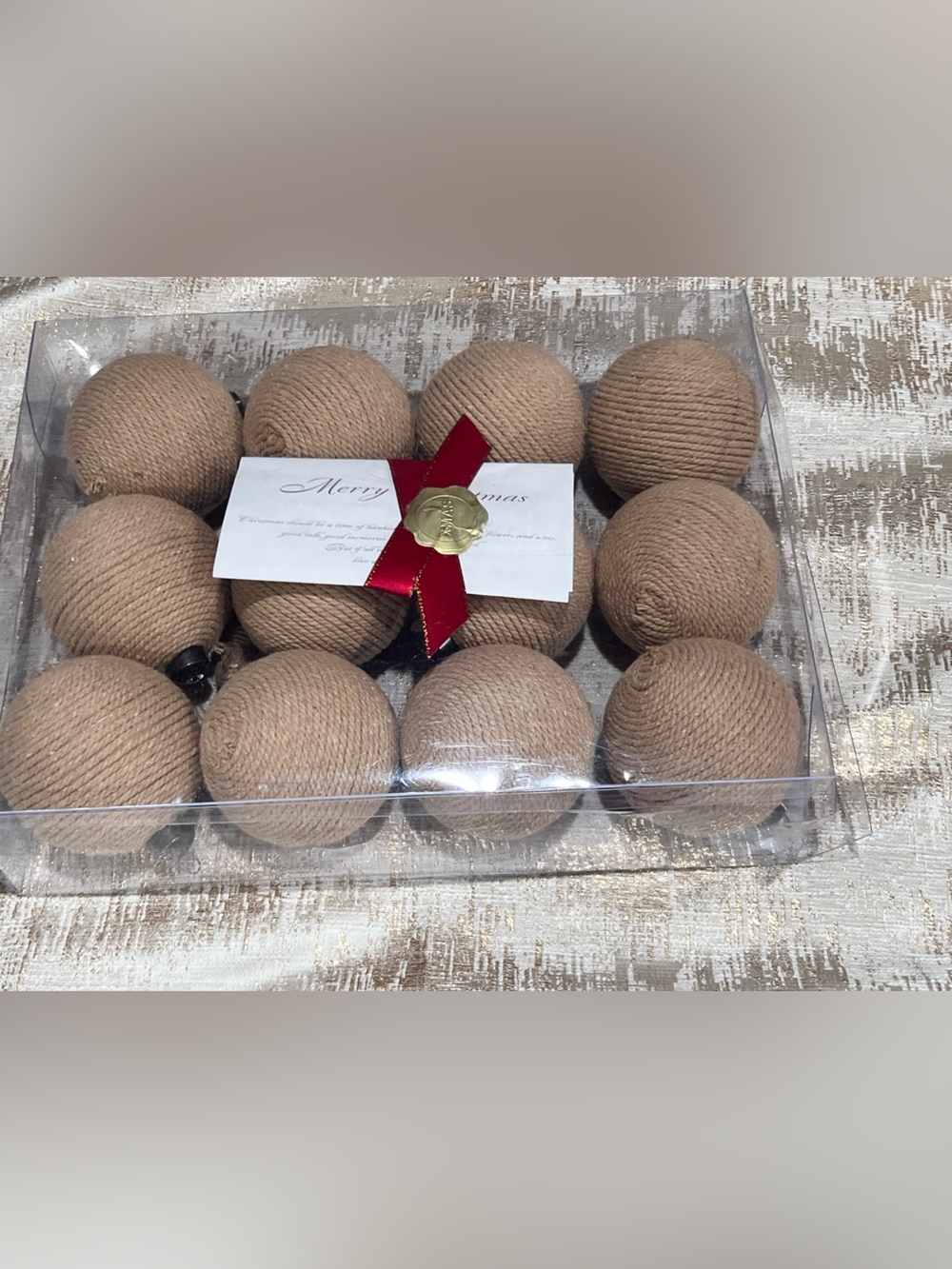 Set of 12 Jute Christmas Bauble Ornaments Beige Round Hanging 3 in Solid